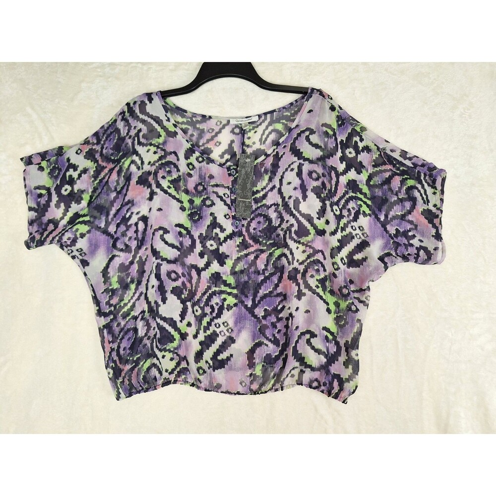 Quintessential Women's Large Top Paisley Cropped Sheer Dolman Buttons Boxy Retro